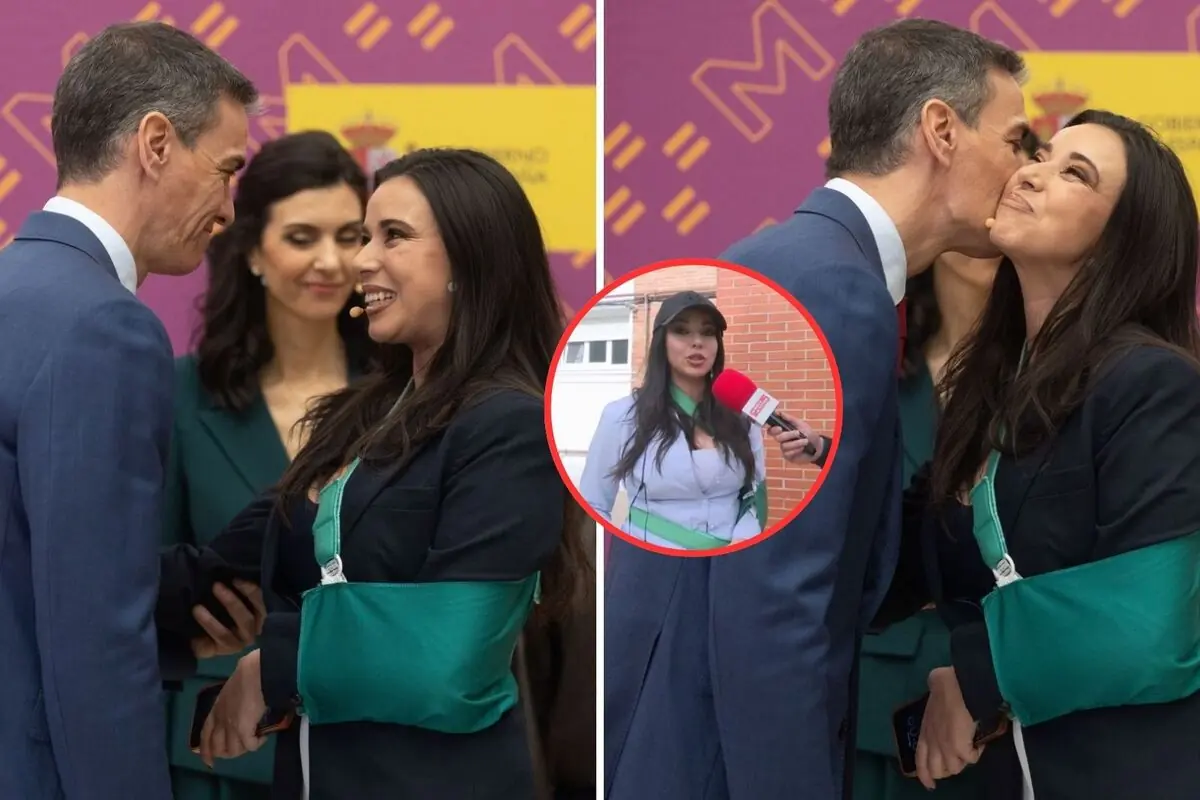 Collage de dos fotos donde un hombre con traje azul saluda de cerca y besa en la mejilla a una mujer con cabestrillo verde en el brazo derecho mientras otra mujer observa al fondo sobre un escenario oficial con fondo morado y un recuadro circular muestra a la misma mujer lesionada dando una entrevista en la calle con un micrófono rojo