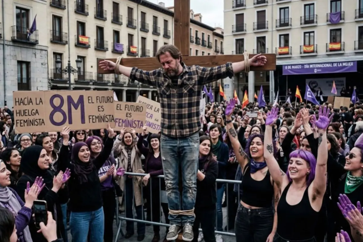 Manifestación feminista del 8M en una plaza con muchas personas levantando pancartas y manos pintadas de morado mientras un hombre está atado a una gran cruz de madera en el centro