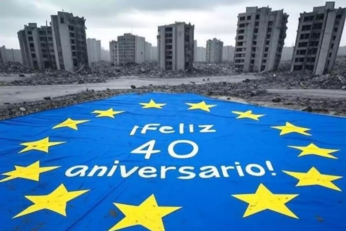 Un cartel azul con estrellas amarillas y el texto "Feliz 40 aniversario" está en primer plano, mientras que al fondo se ven edificios en ruinas y escombros bajo un cielo nublado.