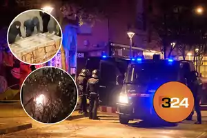 La imagen muestra una escena nocturna con vehículos policiales y agentes en una calle iluminada, acompañada de dos recuadros que destacan momentos de disturbios o protestas.