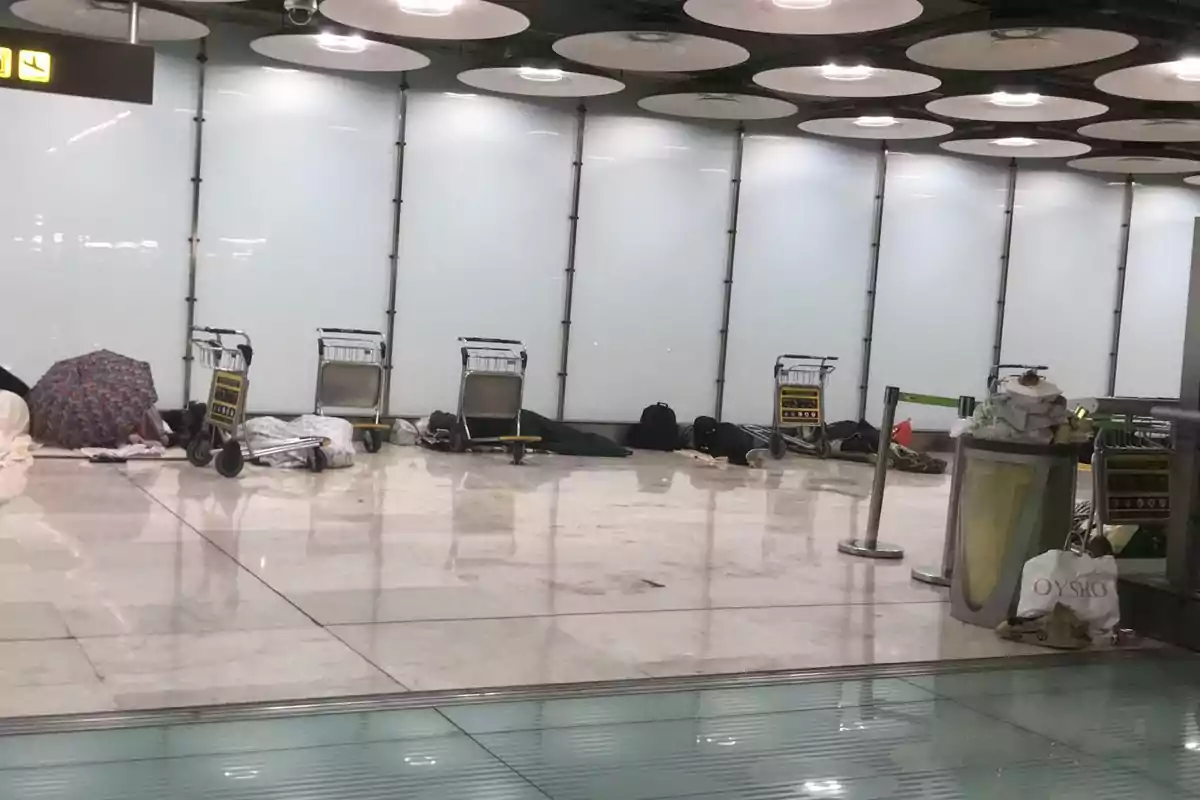 Varias personas descansan en el suelo de un aeropuerto junto a carritos de equipaje y bolsas, bajo un techo con luces circulares. Varias personas descansan en el suelo de un aeropuerto junto a carritos de equipaje y bolsas, bajo un techo con luces circulares.