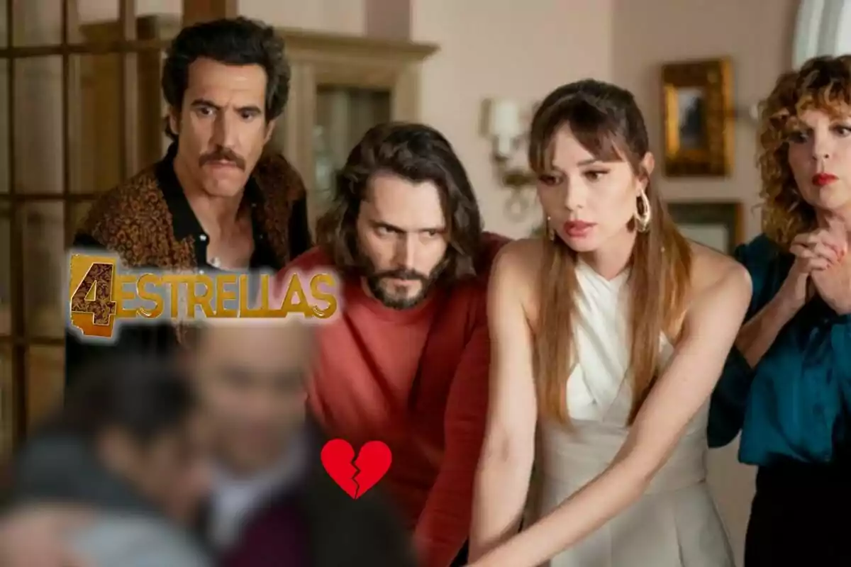 Imagen de la serie "4 Estrellas" con cuatro personajes en primer plano, dos hombres y dos mujeres, todos con expresiones serias y concentradas, y un corazón roto en la parte inferior con el logo de la serie y una pareja desenfocada.