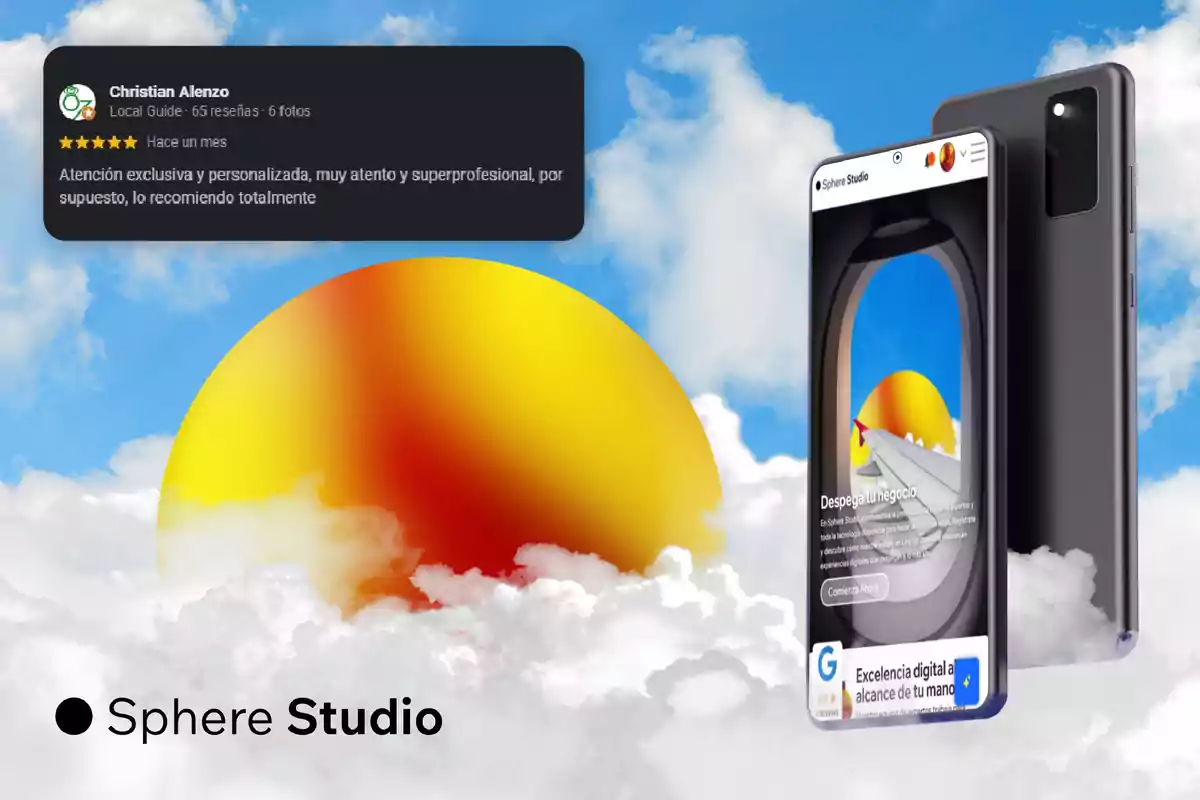 Una reseña positiva destaca la atención exclusiva y personalizada de Sphere Studio, mientras se muestra un teléfono móvil con una imagen de un ala de avión y un sol brillante entre nubes.