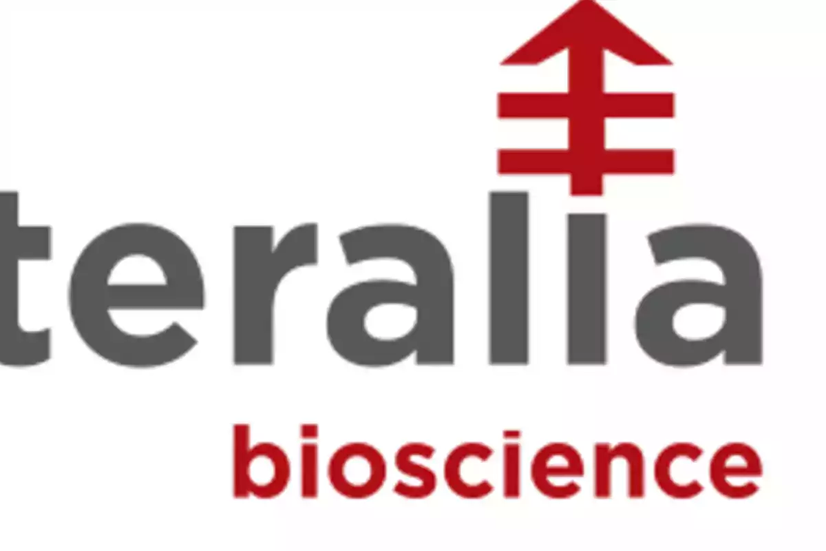 Logo de Teralia Bioscience con texto en gris y rojo y un símbolo rojo encima.