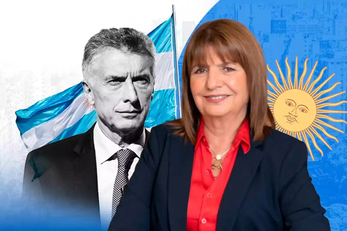 Dos personas posando frente a una bandera de Argentina y un fondo azul con un sol.