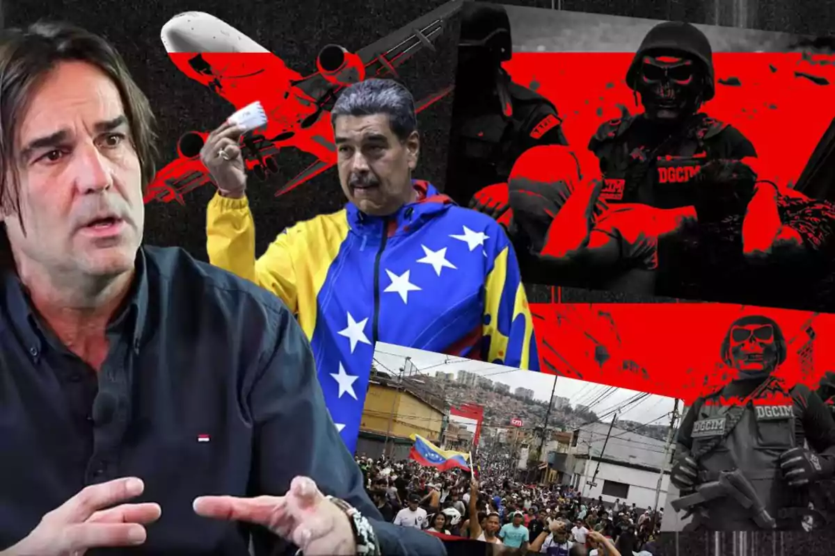 Una imagen compuesta que muestra a un hombre hablando, a otro hombre con una chaqueta con la bandera de Venezuela, una multitud de personas marchando con una bandera venezolana, y varias imágenes de agentes de seguridad con máscaras de calavera y equipo táctico, con un avión en el fondo.