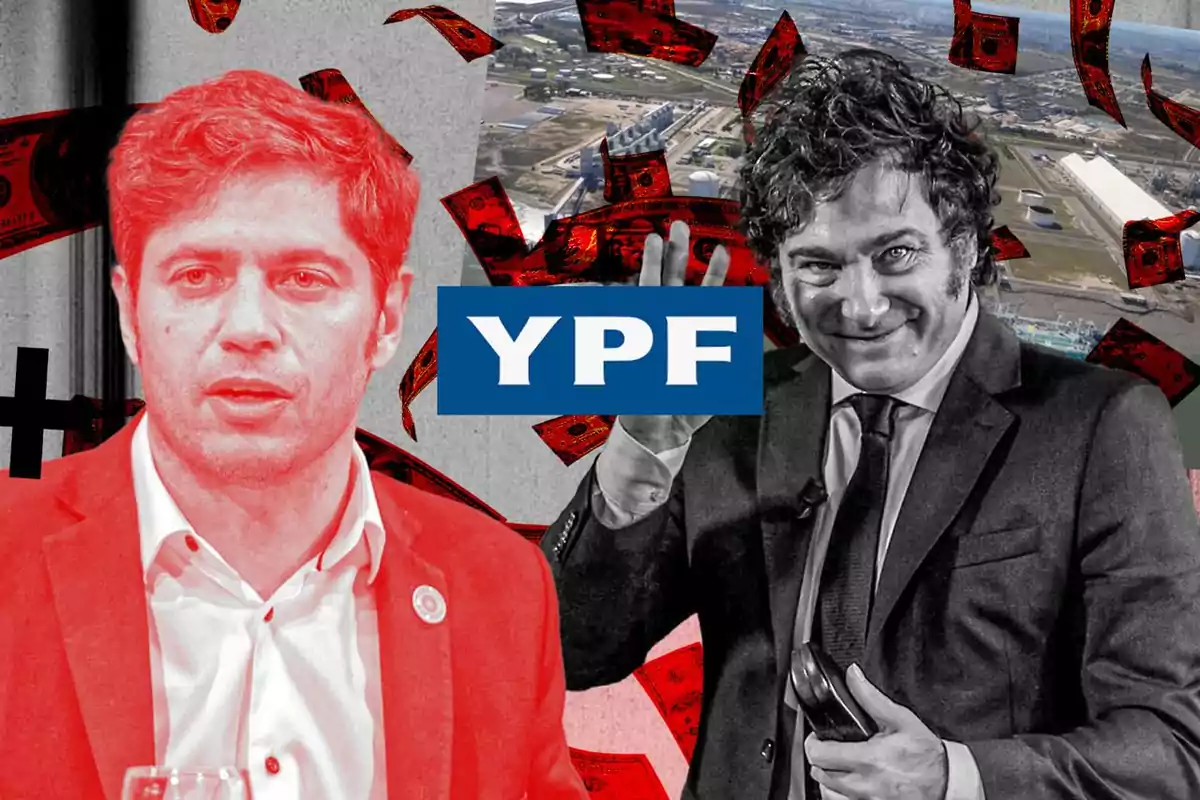 Dos hombres, uno con un filtro rojo y otro en blanco y negro, con un fondo de billetes rojos y el logo de YPF en el centro.