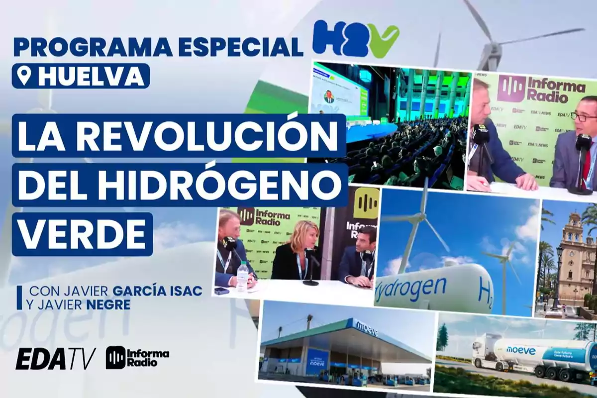 Programa especial sobre la revolución del hidrógeno verde en Huelva, presentado por Javier García Isac y Javier Negre, con imágenes de entrevistas, turbinas eólicas y camiones de hidrógeno.