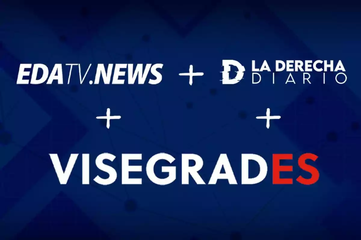 Logos de EDATV NEWS, La Derecha Diario y Visegrad ES sobre un fondo azul con líneas y puntos conectados.