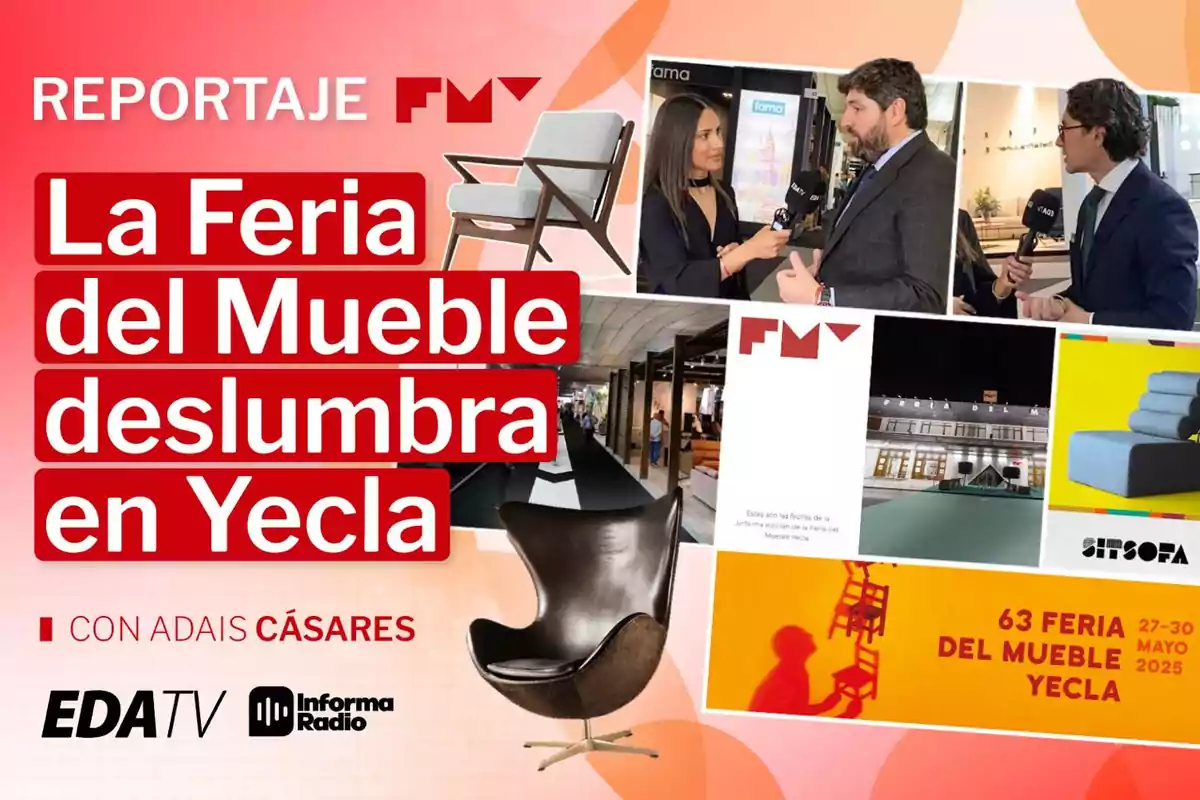 Imagen promocional de un reportaje sobre la Feria del Mueble en Yecla con varios recuadros mostrando entrevistas, muebles y el anuncio de la próxima edición en mayo de 2025