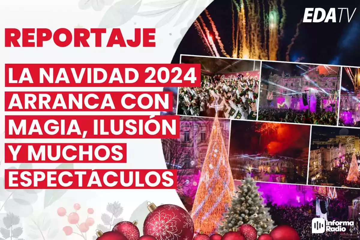 Imagen promocional de EDA TV sobre el inicio de la Navidad 2024 con fuegos artificiales y decoraciones festivas.