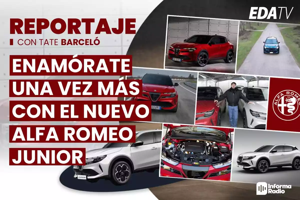 Reportaje de EDA TV con Tate Barceló sobre el nuevo Alfa Romeo Junior mostrando imágenes del coche en diferentes ángulos y detalles del motor.