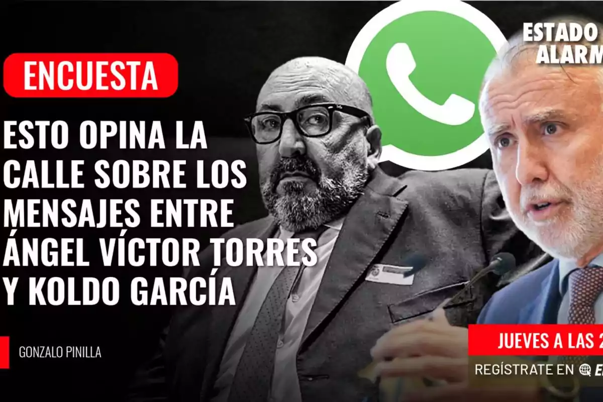 Encuesta sobre la opinión pública respecto a los mensajes entre Ángel Víctor Torres y Koldo García, con imágenes de dos hombres y el logo de WhatsApp.