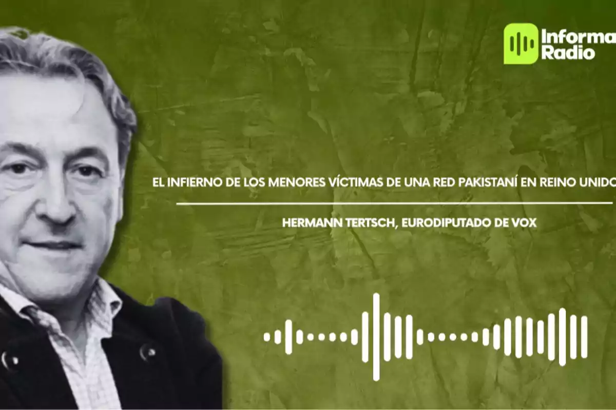 Imagen de un hombre con fondo verde y texto sobre un tema relacionado con menores víctimas de una red en Reino Unido, acompañado del logo de Informa Radio.