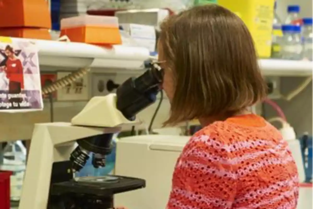 Una persona observando a través de un microscopio en un laboratorio.