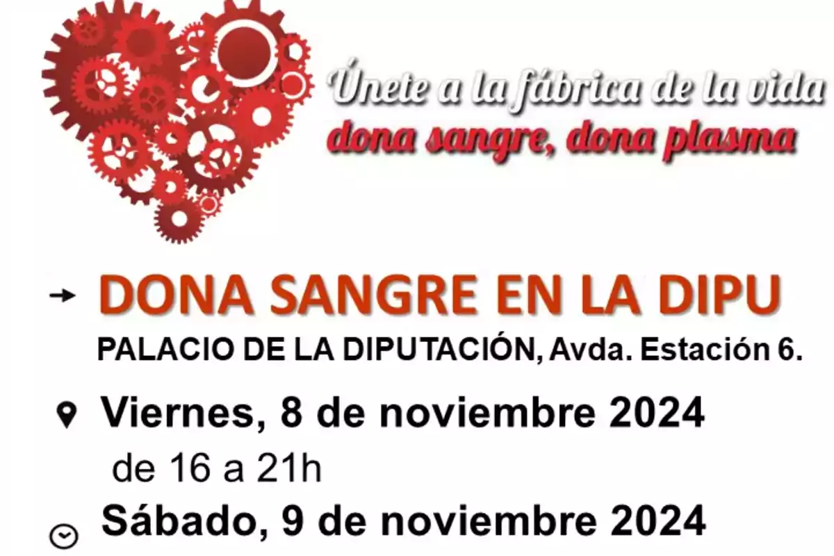 Cartel de la donación de sangre y plasma en el Palacio de la Diputación, Avda. Estación 6, los días 8 y 9 de noviembre de 2024