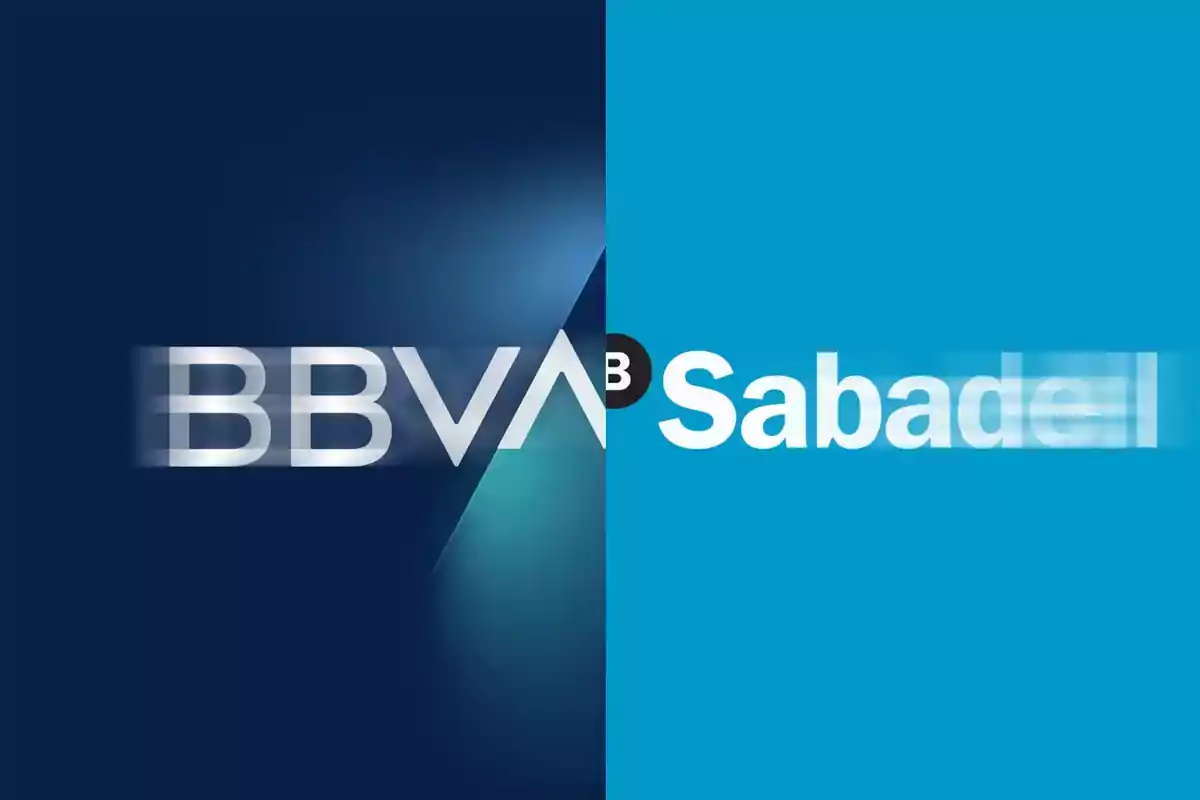 Logotipos de BBVA y Sabadell fusionados en un diseño con fondo azul.