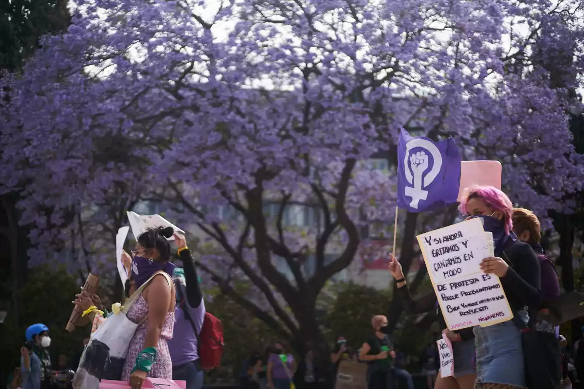 Personas participando en una manifestación feminista con pancartas y banderas moradas, rodeadas de árboles con flores lilas.