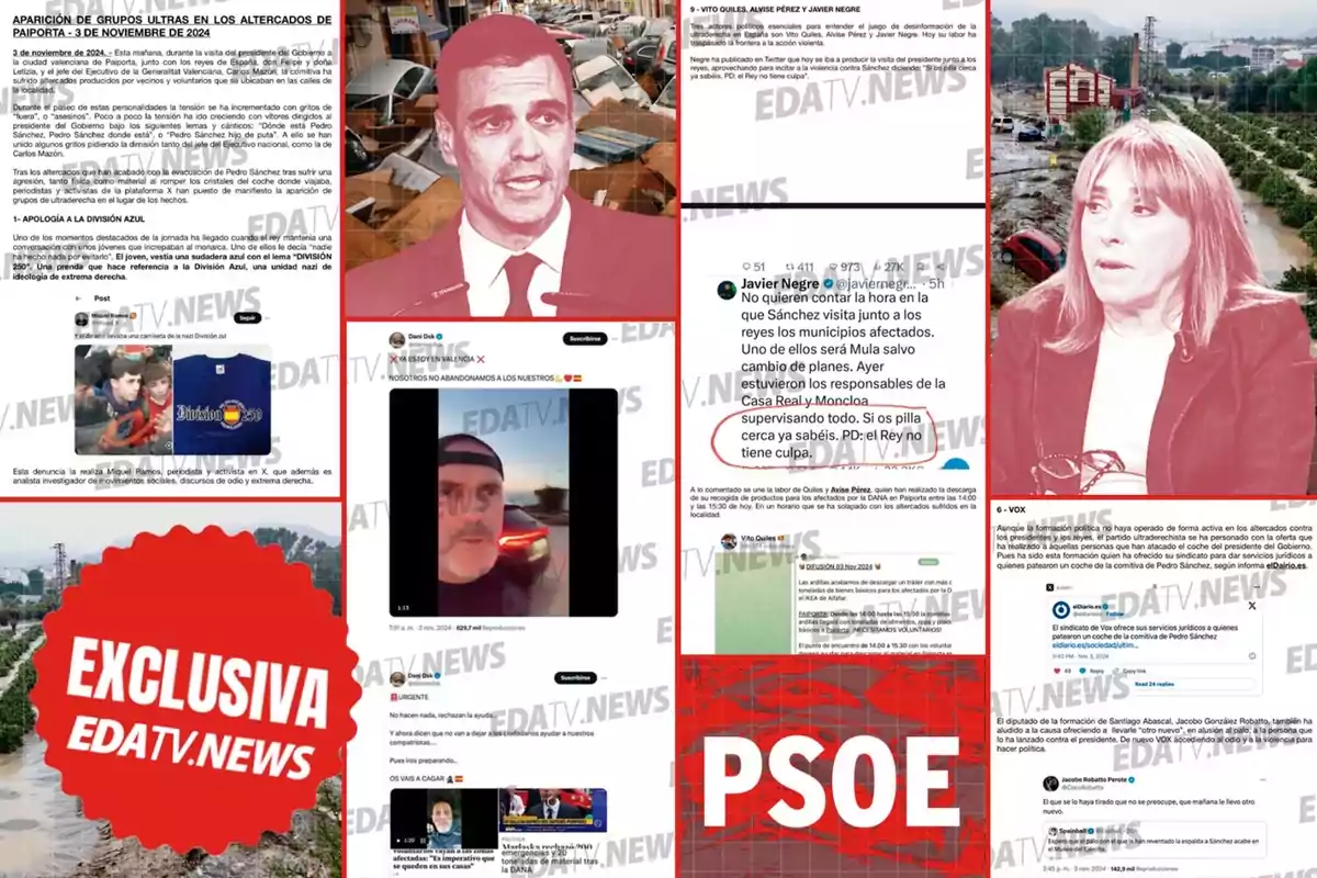 Collage de noticias y comentarios en redes sociales sobre altercados en Paiporta con imágenes de figuras públicas y el logo de EDATV.NEWS.