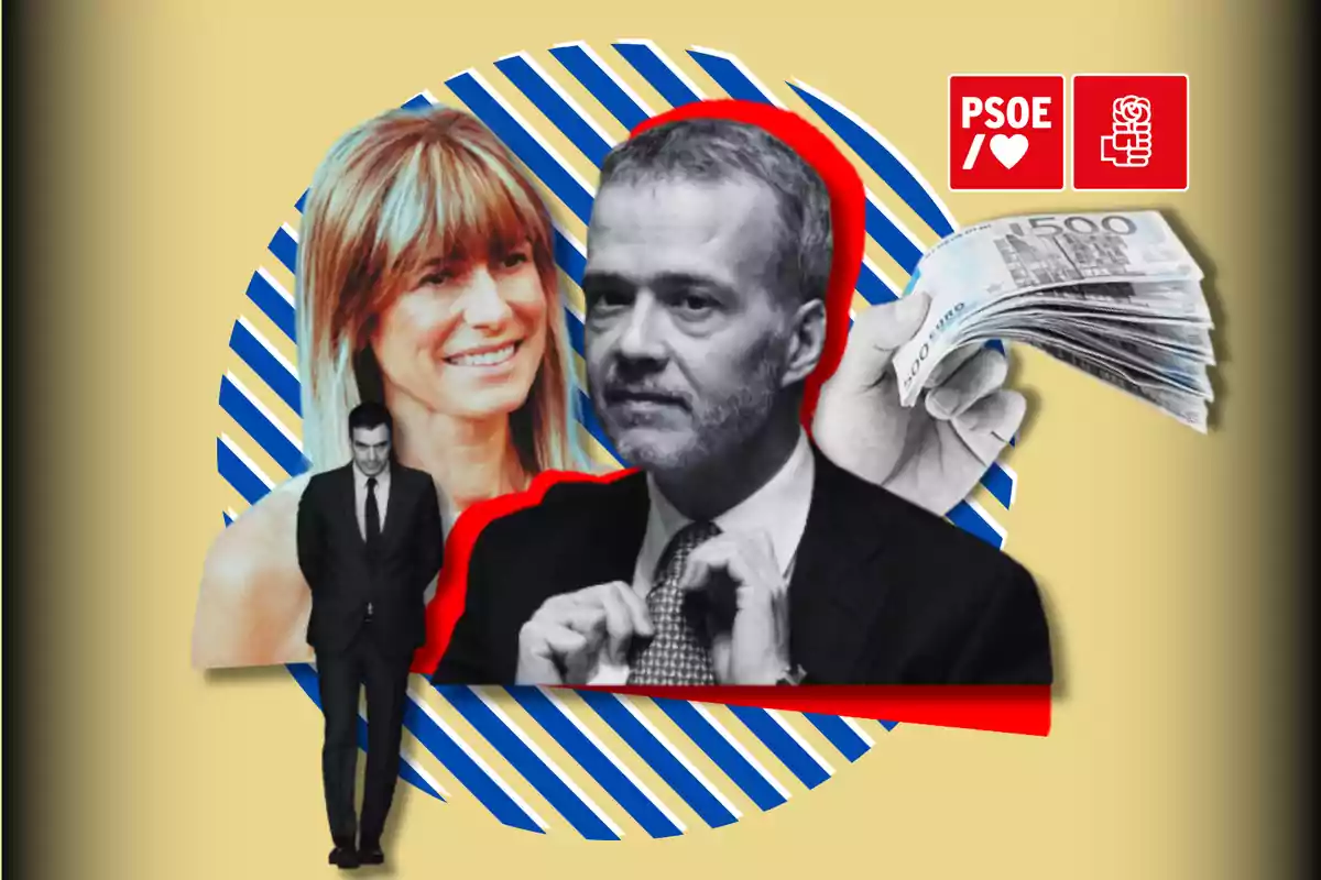 Una imagen con un collage que incluye a varias personas, un manojo de billetes y los logotipos del PSOE sobre un fondo con líneas azules y amarillas.