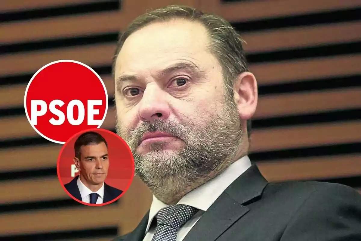 Hombre con barba y traje en primer plano con dos círculos rojos que contienen el logo del PSOE y la imagen de otro hombre con fondo rojo.