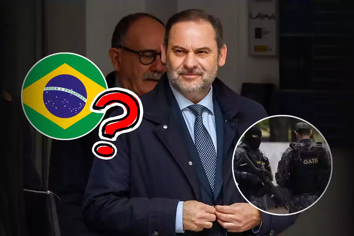 Un hombre con traje oscuro y corbata aparece en primer plano, acompañado de otra persona detrás; a la izquierda hay un gráfico de la bandera de Brasil con un signo de interrogación, y a la derecha, una imagen circular muestra a dos personas con uniformes tácticos y armas.