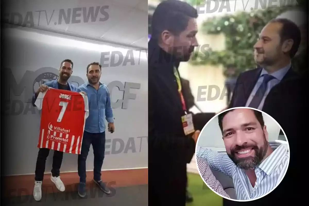 Dos hombres posan con una camiseta de fútbol roja con el nombre "Jorge" y el número 7 en un lugar con el logo de un club de fútbol en la pared; a la derecha, una imagen muestra a dos personas conversando y un retrato de un hombre sonriente.