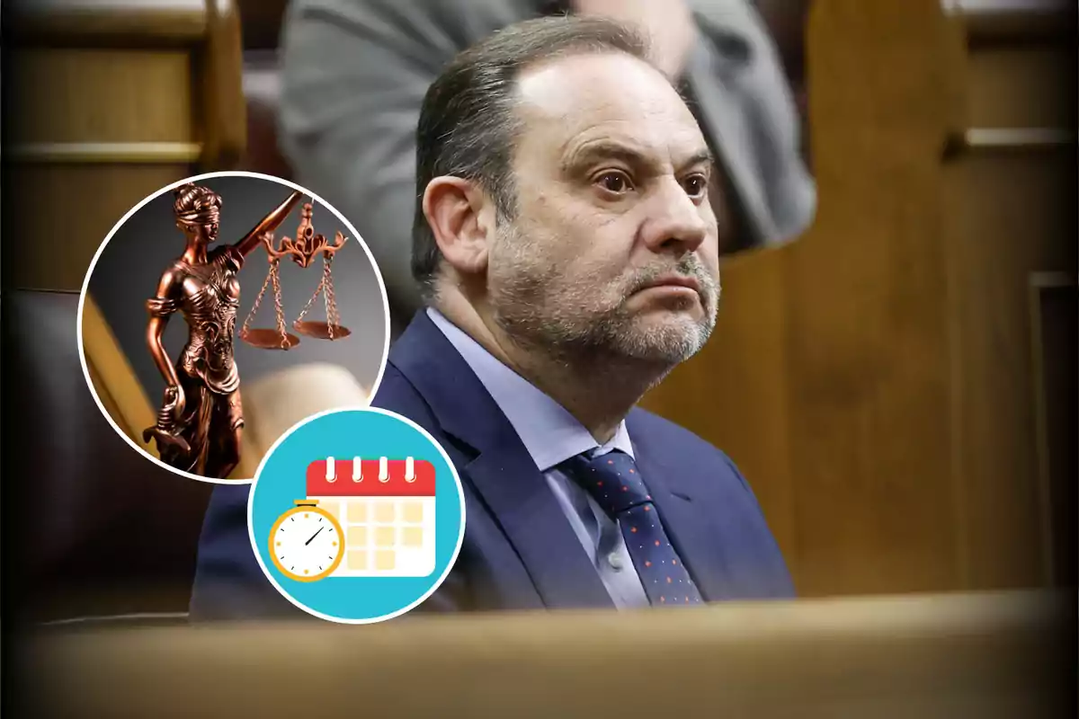 Un hombre en un entorno formal con imágenes superpuestas de una estatua de la justicia y un calendario con reloj.