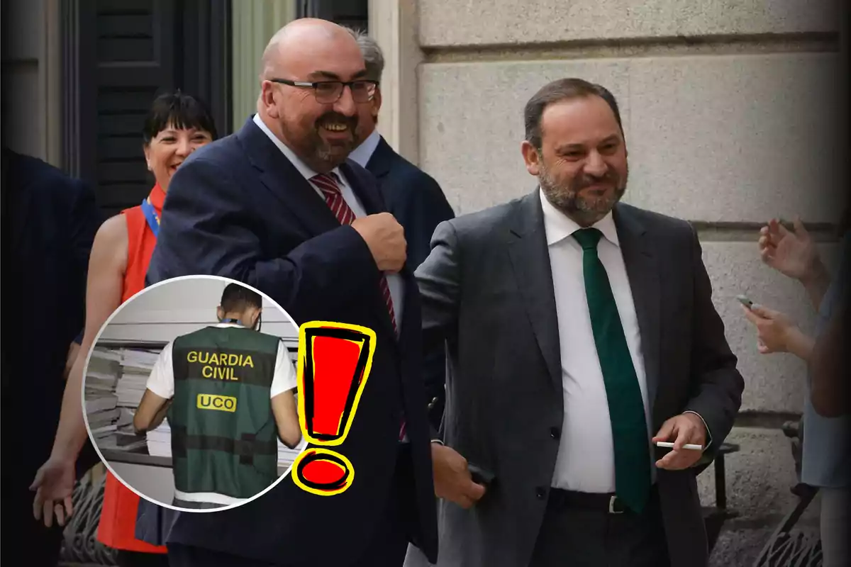 Un grupo de personas sonríe mientras camina por la calle; en la esquina inferior izquierda, un recuadro muestra a un agente de la Guardia Civil con un chaleco que dice "UCO" y un signo de exclamación rojo.