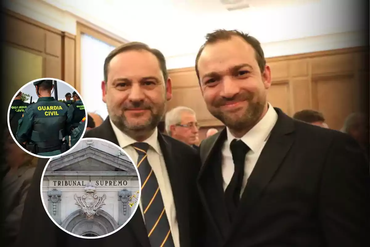 Two men in suits pose for a photo at a formal event with overlaid images of Civil Guard officers and the facade of the Supreme Court.