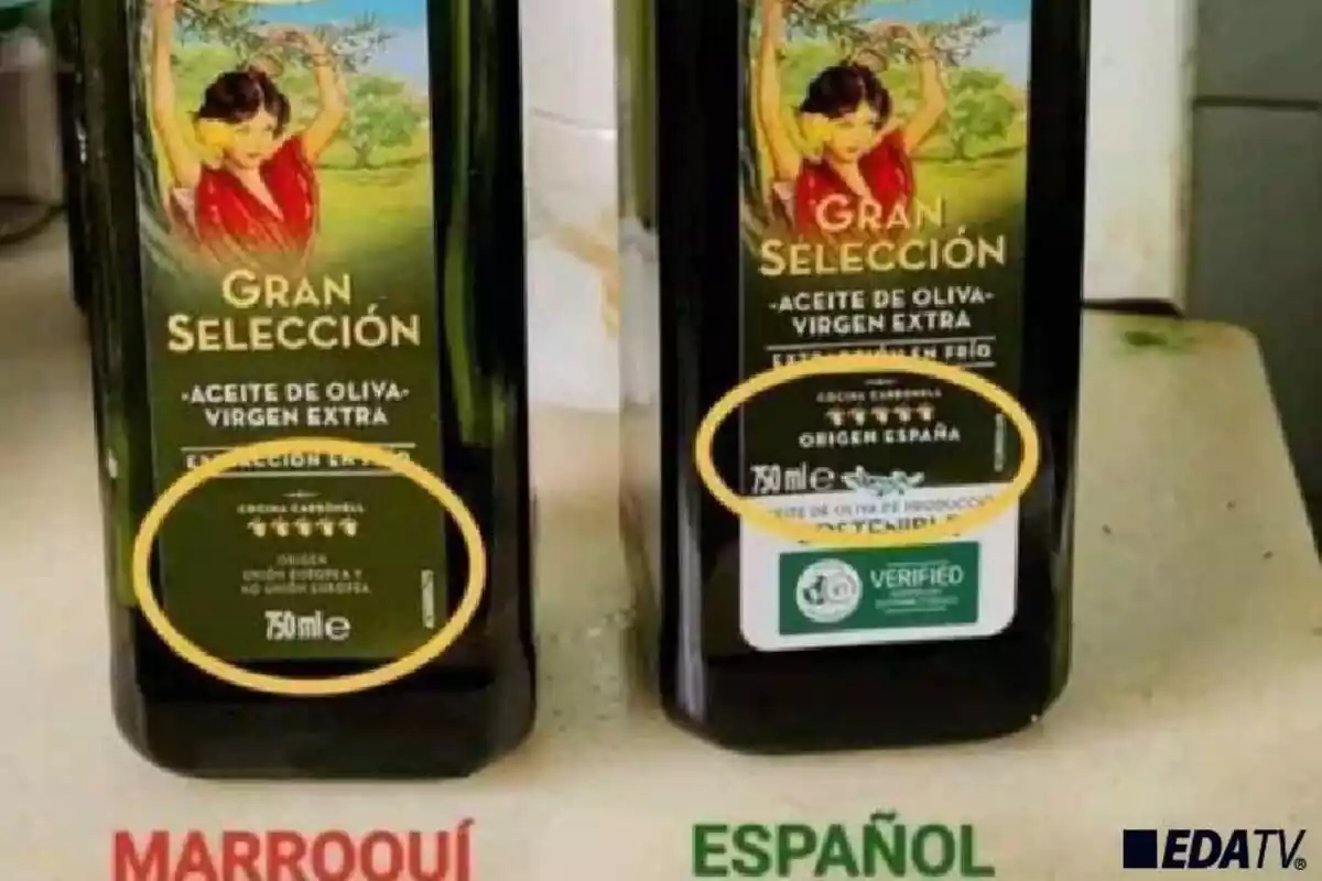 Botella de aceite marroquí y botella de aceite español