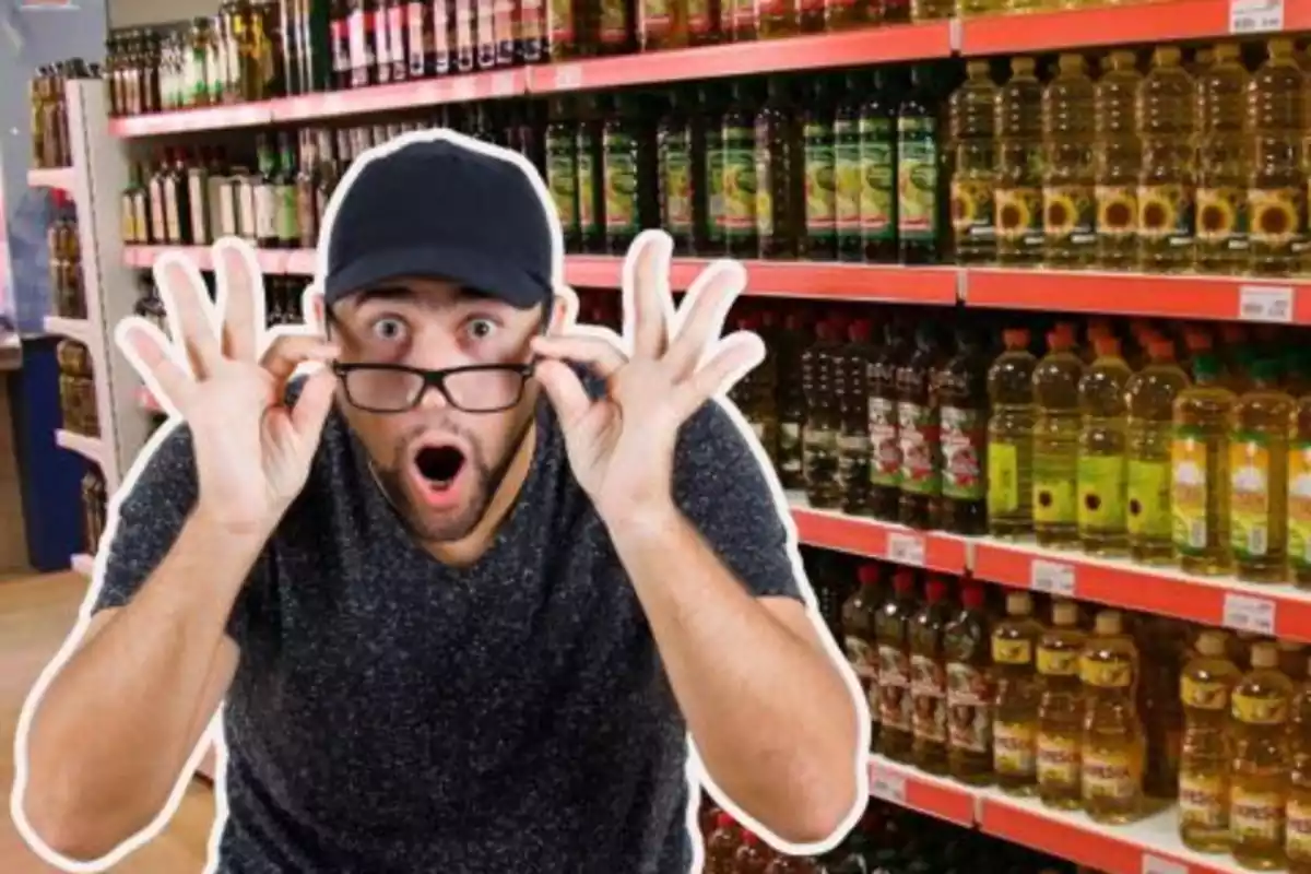 Fotomontaje con una foto de un supermercado en la sección de aceites con foto de un hombre sorprendido