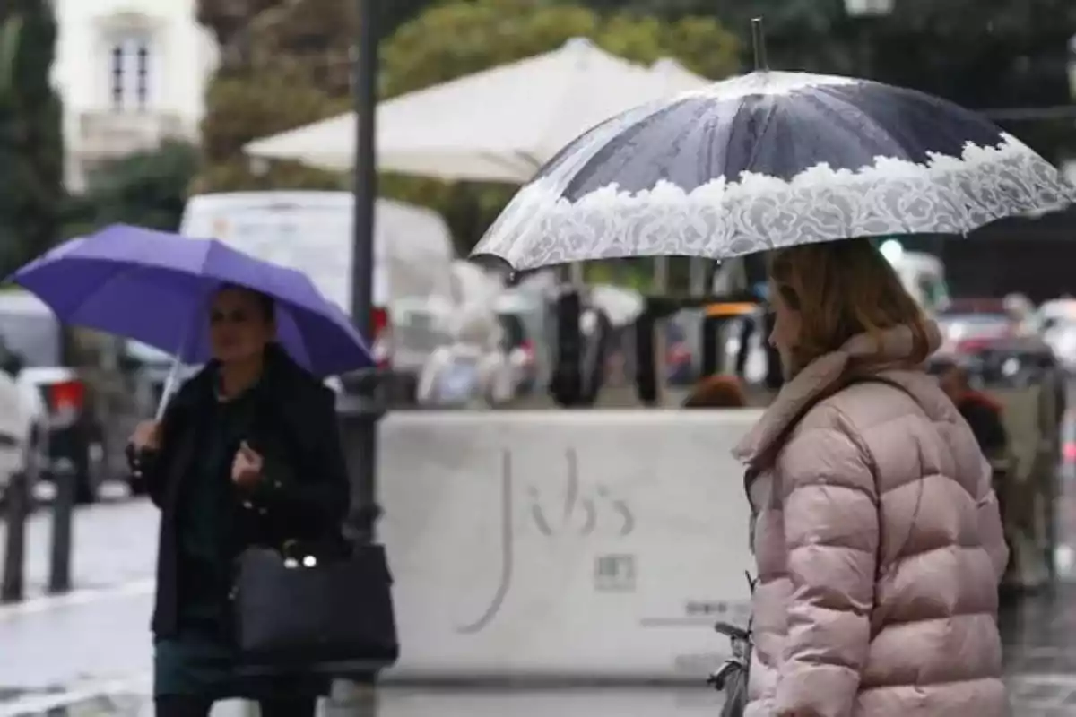 Dos mujeres caminan por la calle bajo la lluvia usando paraguas, una lleva un abrigo rosa y la otra un abrigo oscuro con bolso negro. Dos mujeres caminan por la calle bajo la lluvia usando paraguas, una lleva un abrigo rosa y la otra un abrigo oscuro con bolso negro.