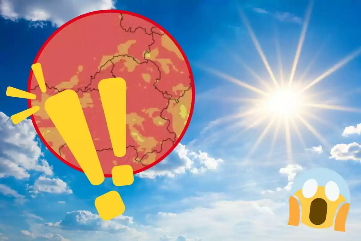 Mapa de calor con un sol brillante y emojis de advertencia y sorpresa.