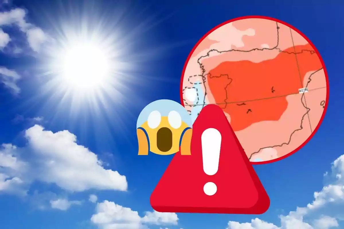 Imagen que muestra un sol brillante en un cielo azul con algunas nubes, un mapa de España con áreas en rojo indicando altas temperaturas, un emoji de sorpresa y un icono de advertencia.