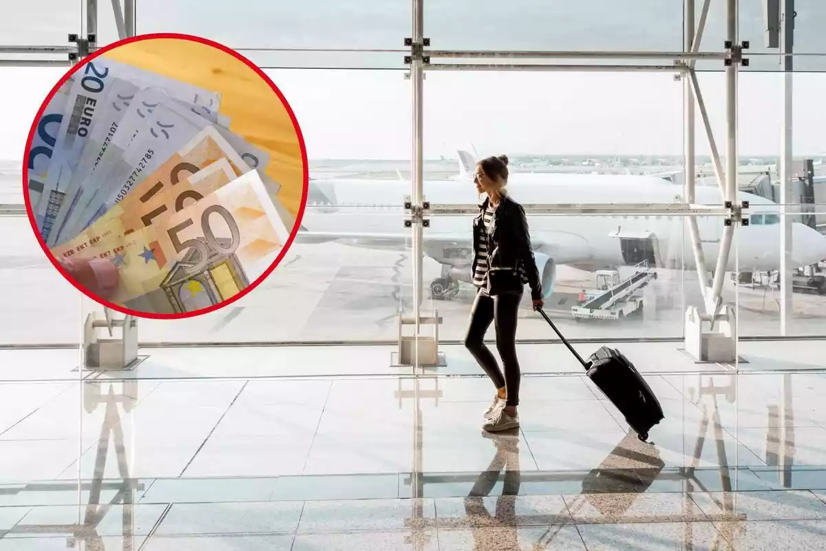 Una mujer camina por el aeroperto con su maleta, y ene el círculo unos billetes de euro