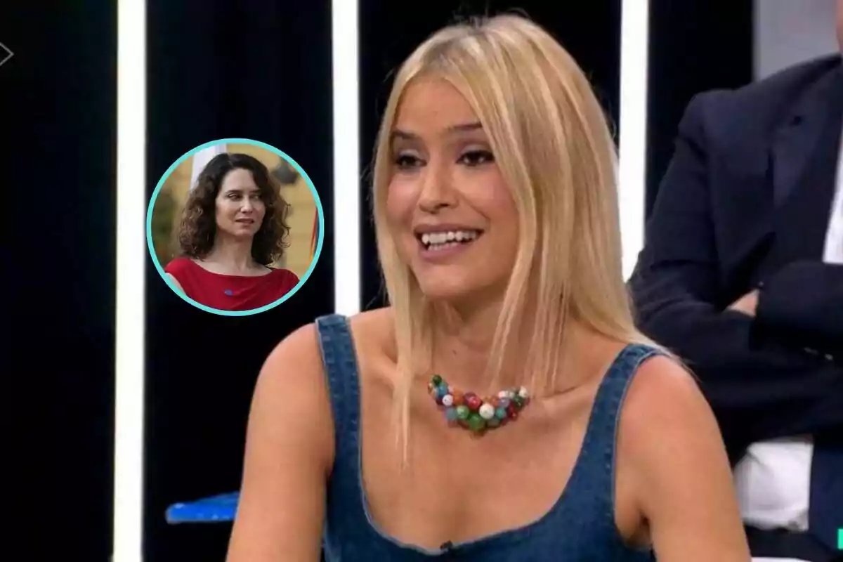 Mujer rubia sonriente en un programa de televisión con un recuadro que muestra a otra mujer de cabello rizado y vestido rojo