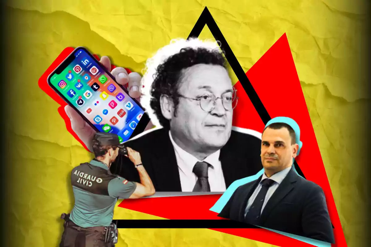 A collage with a yellow and red background shows a man with black and white glasses, a mobile phone with social media applications, a civil guard with his back turned and another man in a suit.