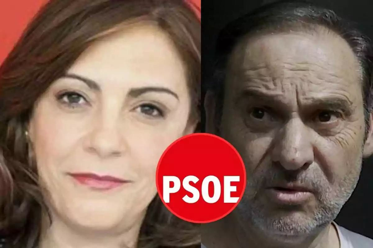 Dos personas, una mujer a la izquierda y un hombre a la derecha, con un círculo rojo en el centro que tiene las letras PSOE en blanco