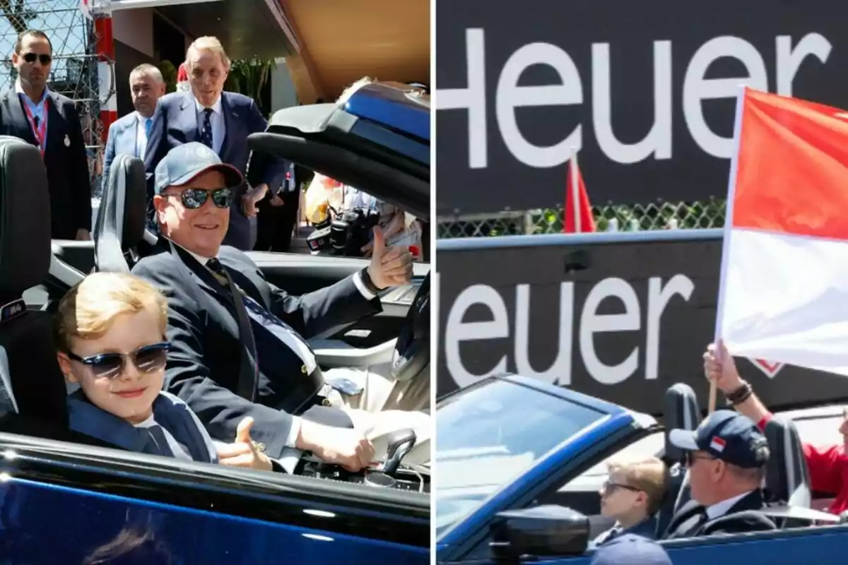 Un hombre y un niño con gafas de sol viajan en un auto descapotable azul durante un evento, rodeados de personas y banderas Un hombre y un niño con gafas de sol viajan en un auto descapotable azul durante un evento, rodeados de personas y banderas