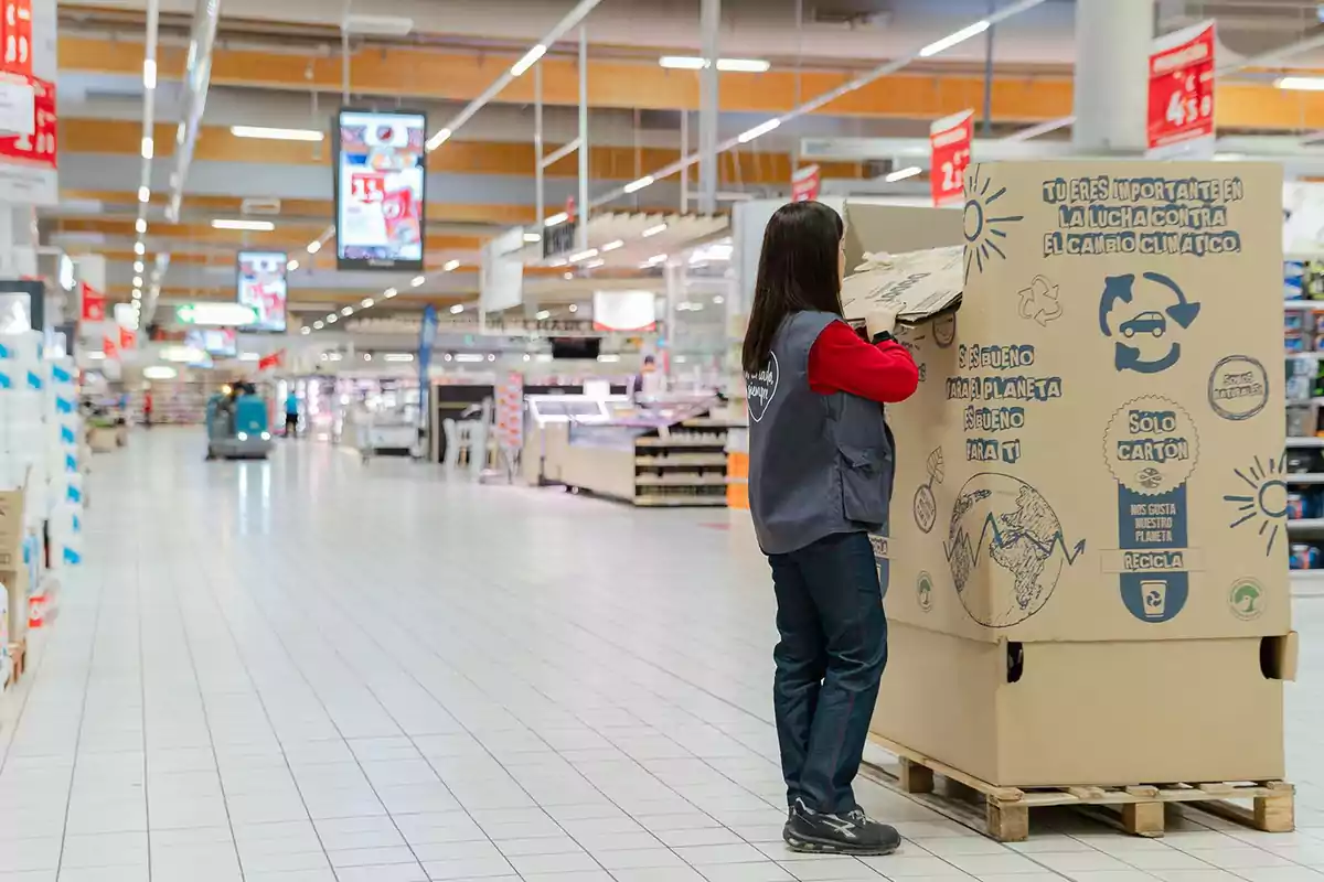 Una persona organiza cajas de cartón en un supermercado, promoviendo el reciclaje y la lucha contra el cambio climático.