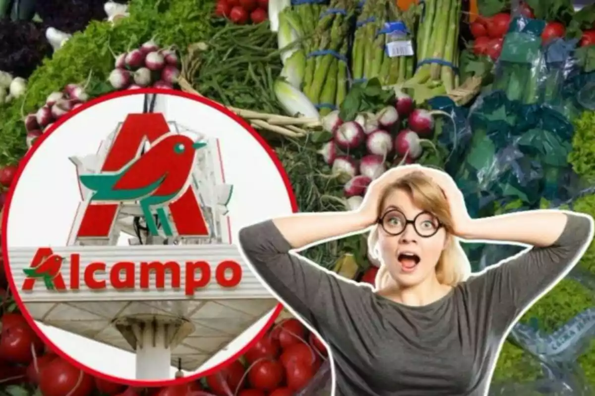 Imagen de fondo de unas verduras en un supermercado, junto a otra imagen de un logo de Alcampo, y una tercera imagen de una mujer sorprendida