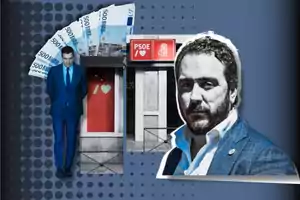 Un hombre con traje azul camina frente a un fondo de billetes de 500 euros y un edificio con el logo del PSOE, mientras otro hombre con barba y chaqueta azul aparece en primer plano.