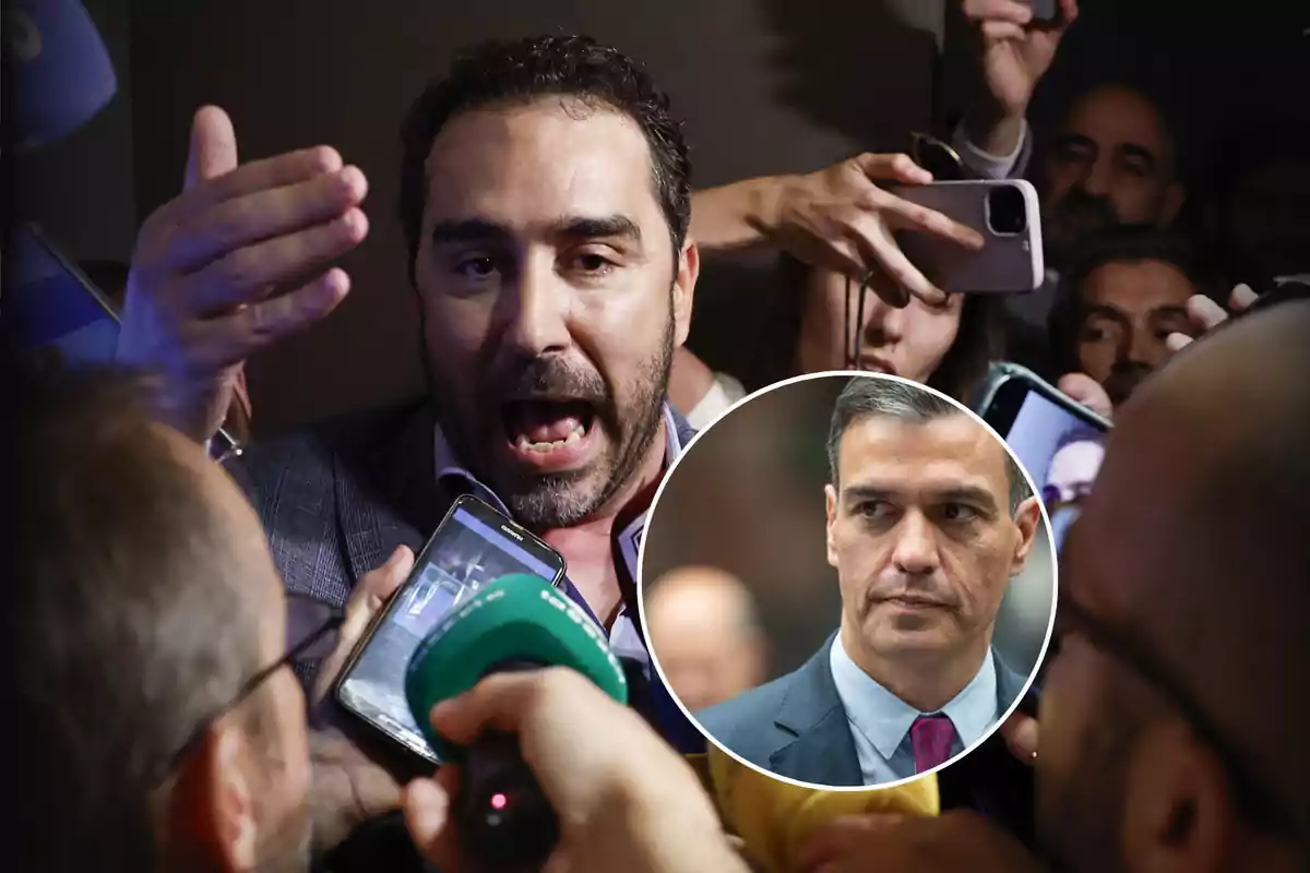 Un hombre rodeado de periodistas y micrófonos hablando con expresión intensa mientras en un círculo superpuesto aparece el rostro serio de otro hombre con traje y corbata