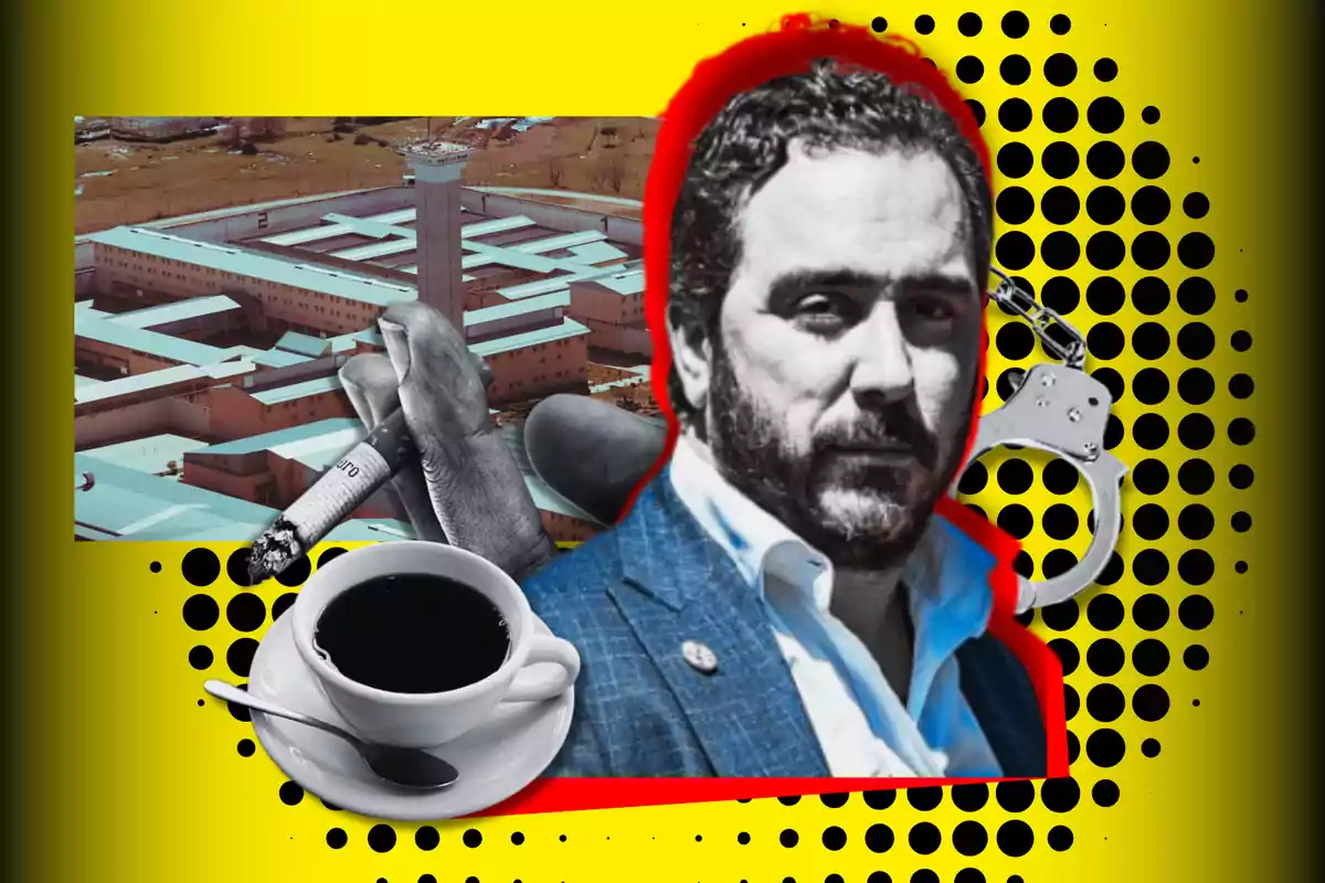 Collage con una prisión de fondo, un hombre en primer plano, una taza de café, un cigarro y unas esposas sobre un diseño de puntos amarillos y negros.