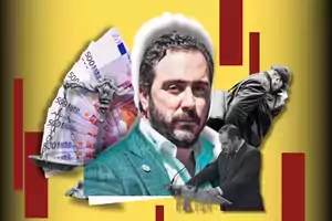 Un hombre con barba y chaqueta azul aparece en un collage junto a billetes de 500 euros, una balanza de justicia y otras figuras en un fondo amarillo con barras rojas.