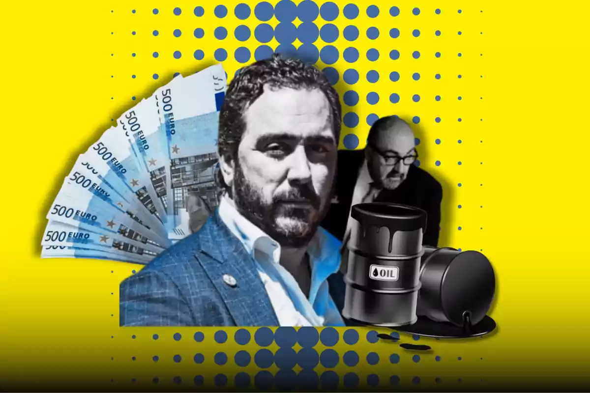 Un hombre con barba y traje azul aparece en un collage junto a billetes de 500 euros y barriles de petróleo sobre un fondo amarillo con puntos azules.