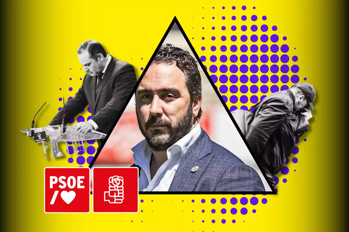 A man in the center of a triangle with a yellow background and purple dots; on the left a man on a podium and on the right a hooded person with PSOE logos at the bottom.