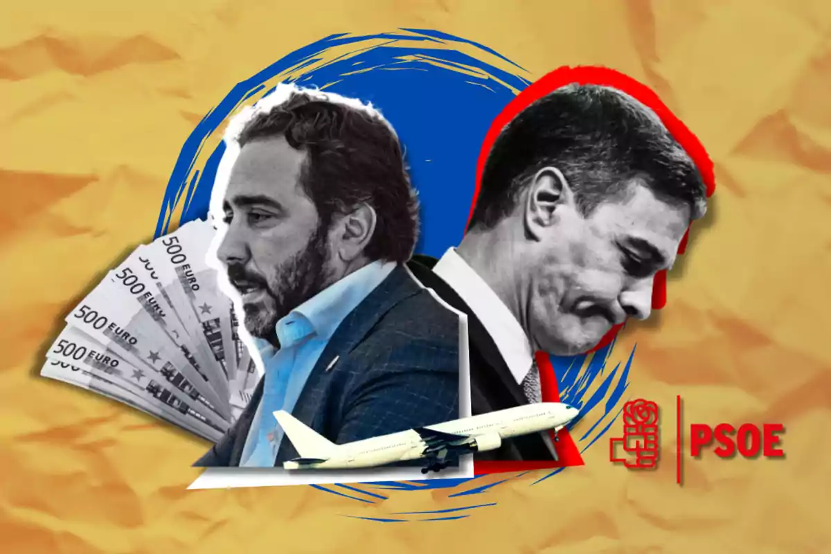 Dos hombres de perfil, uno con billetes de 500 euros y el otro con un avión superpuesto, sobre un fondo colorido con el logo del PSOE.