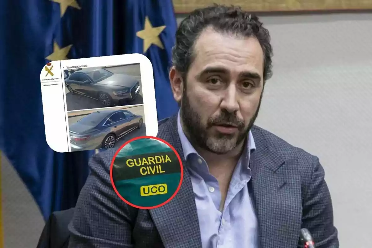 Un hombre con barba y chaqueta habla frente a un micrófono, con una imagen superpuesta de un coche y un emblema de la Guardia Civil.